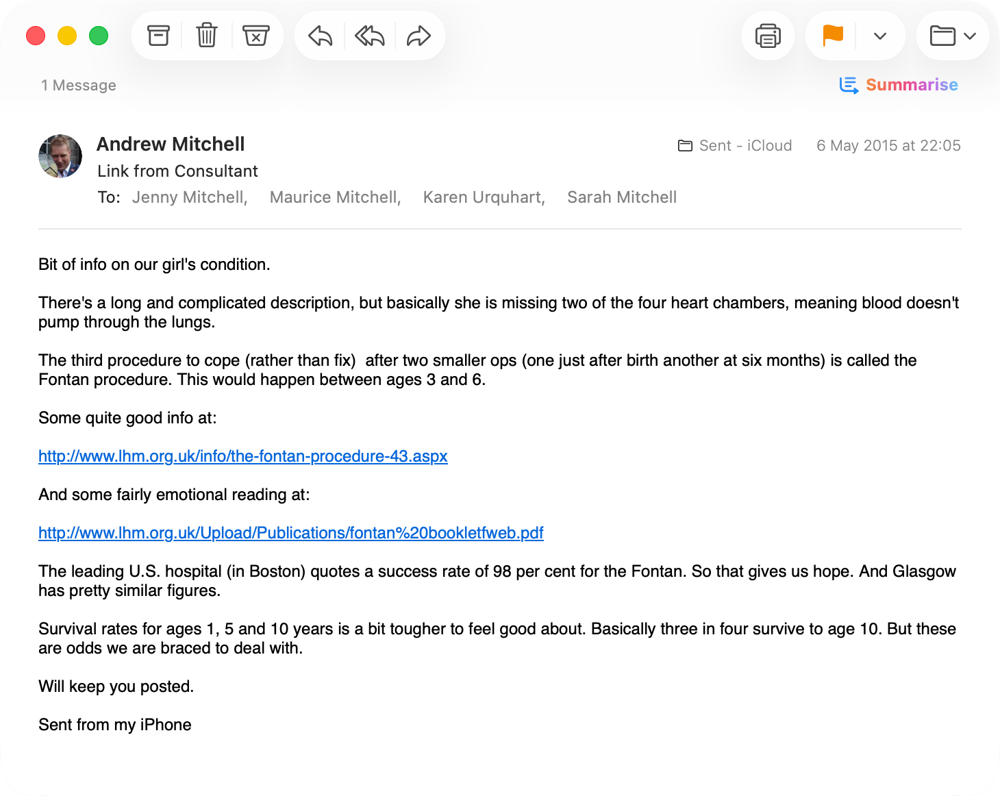 Email screenshot about Sophie's diagnosis